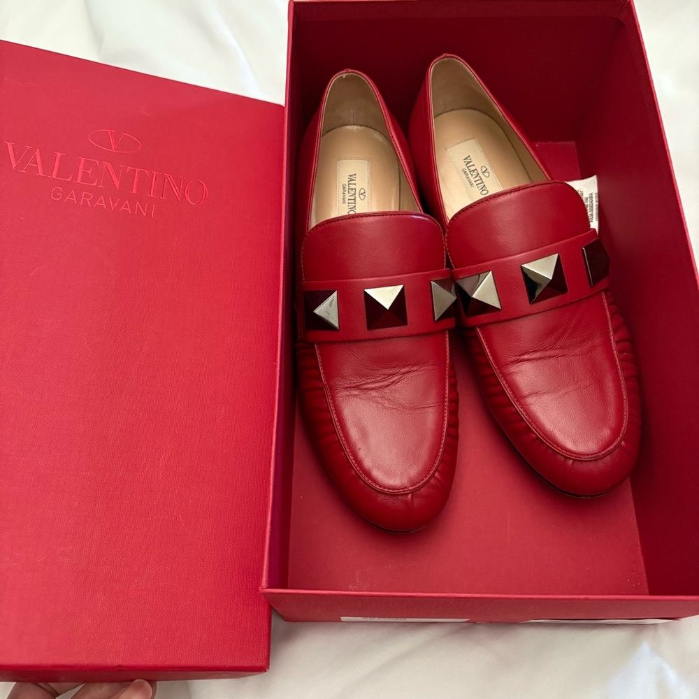 Valentino Red Leather Loafers with Silver Studs